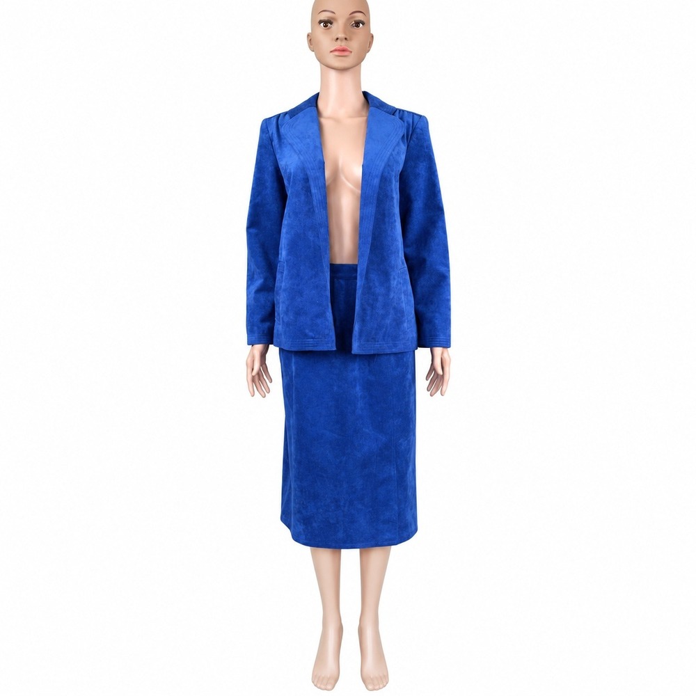 Vintage 70s 80s Ultrasuede Blue Blazer Skirt Suit Set Size 10 Runs Small